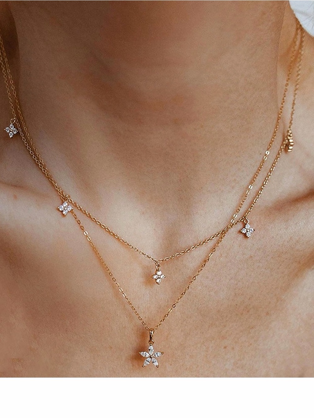 Gold Layered Star Pendant Necklace - Delicate Crystal Star Layering Chain